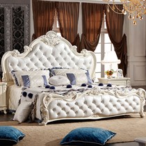 法利亚白色真皮双人床，描银雕花实木床，1.8*2.0米皮艺双人床